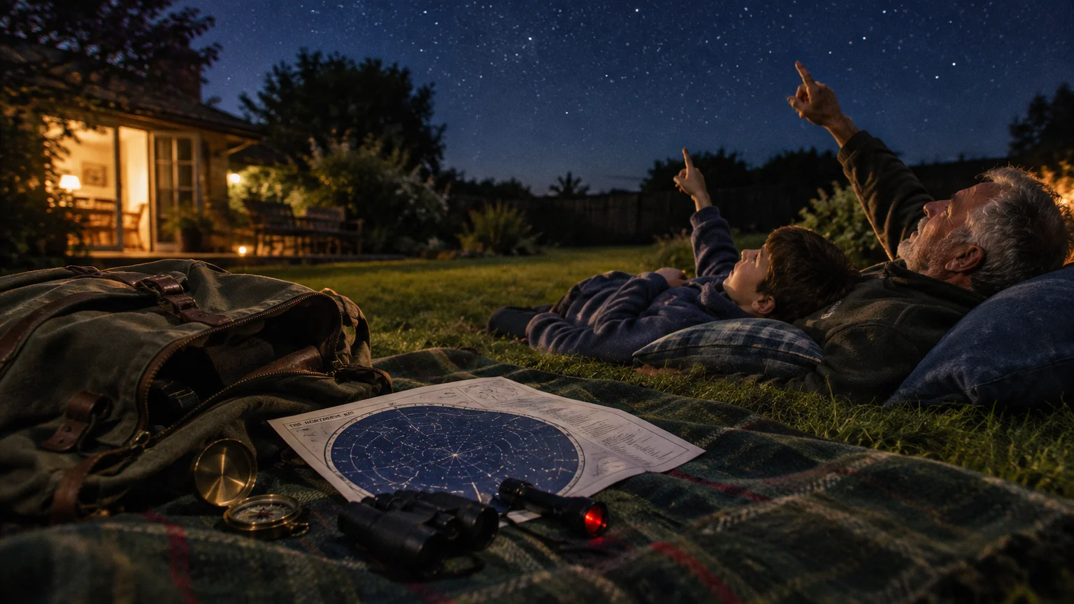 An older man and a young boy lie on a blanket in a backyard pointing up at the starry night sky next to a star map.