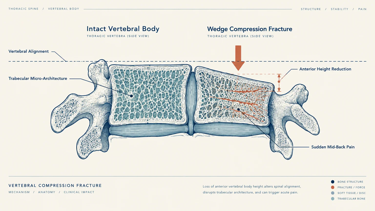 Medical diagram comparing an intact vertebral body to a wedge compression fracture with anterior height reduction.