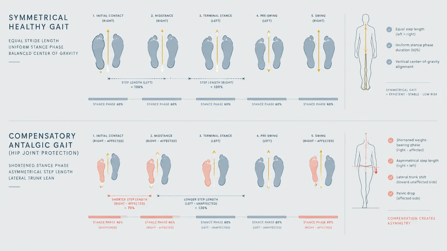 Diagram comparing a symmetrical healthy gait to a compensatory antalgic gait with shortened stride length and foot phases.