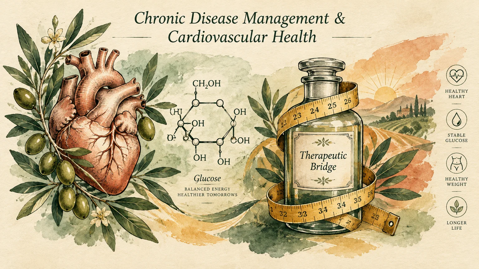 Anatomical heart alongside olive branches, a glucose chemical structure, and a medicine bottle wrapped in a measuring tape.
