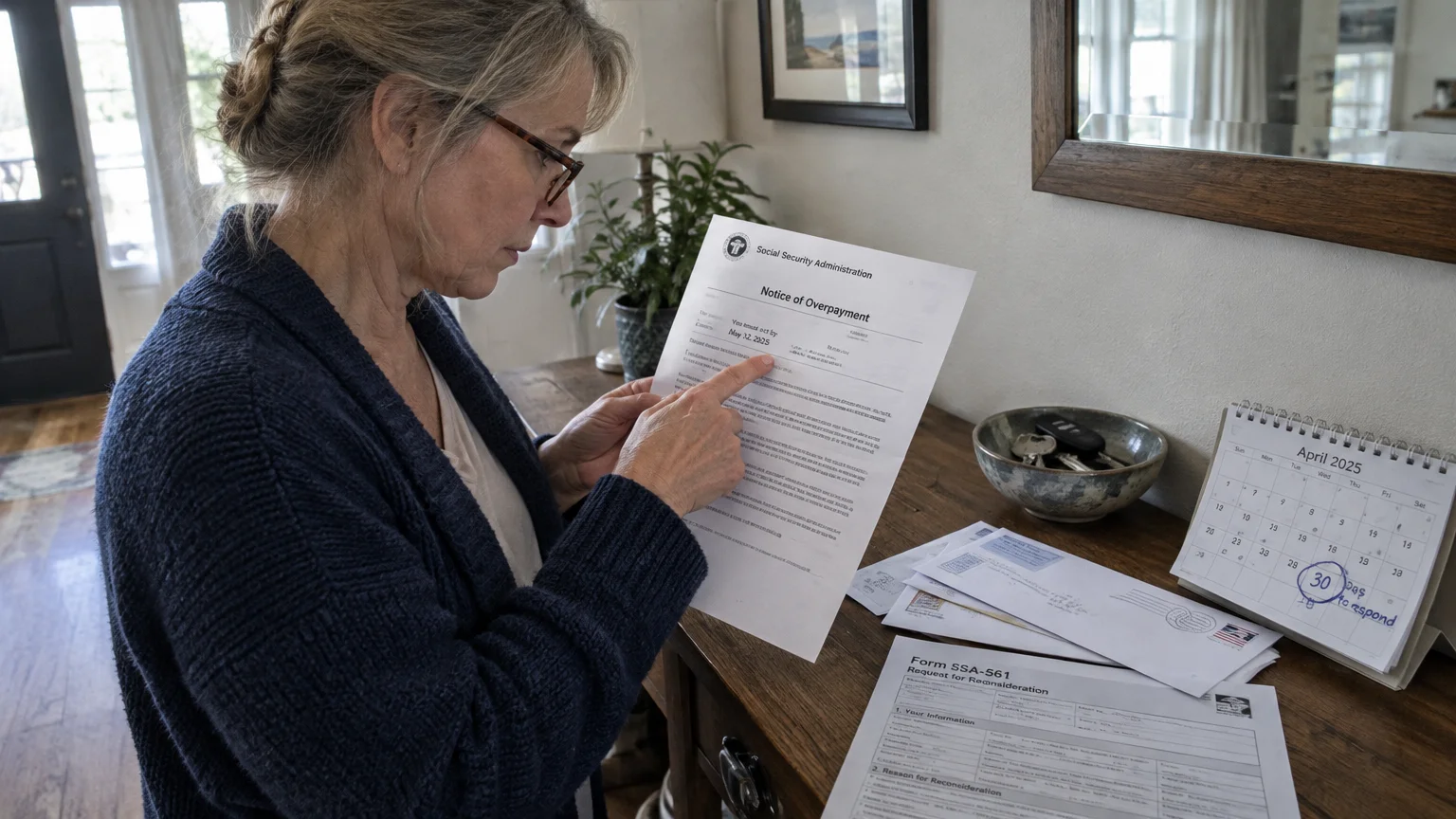 A woman reading a Social Security Administration notice of overpayment near an April 2025 calendar and SSA forms.