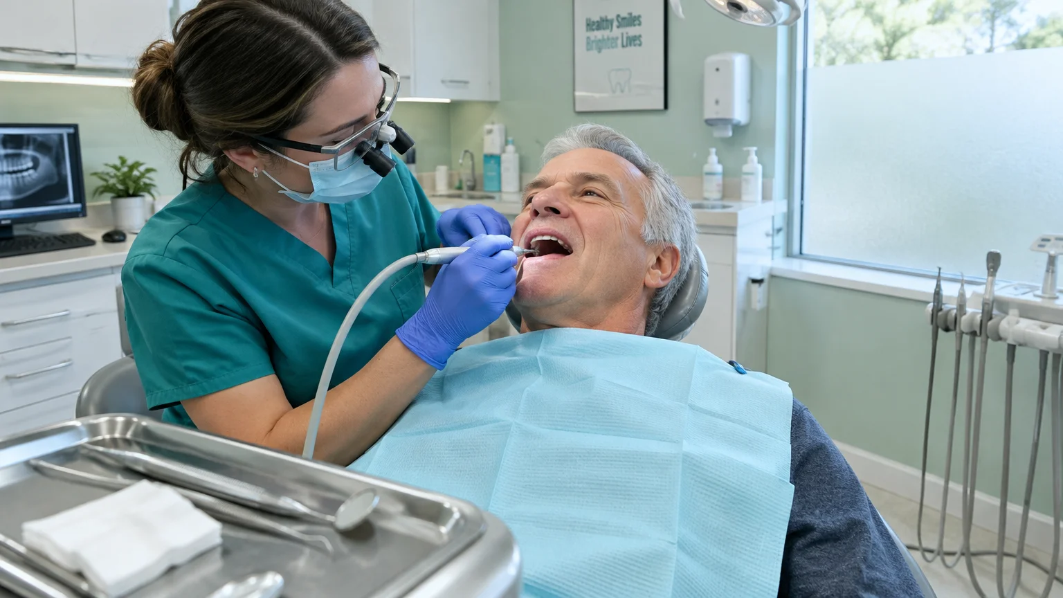 A dentist wearing scrubs and a mask cleans a senior man's teeth in a dental exam chair.