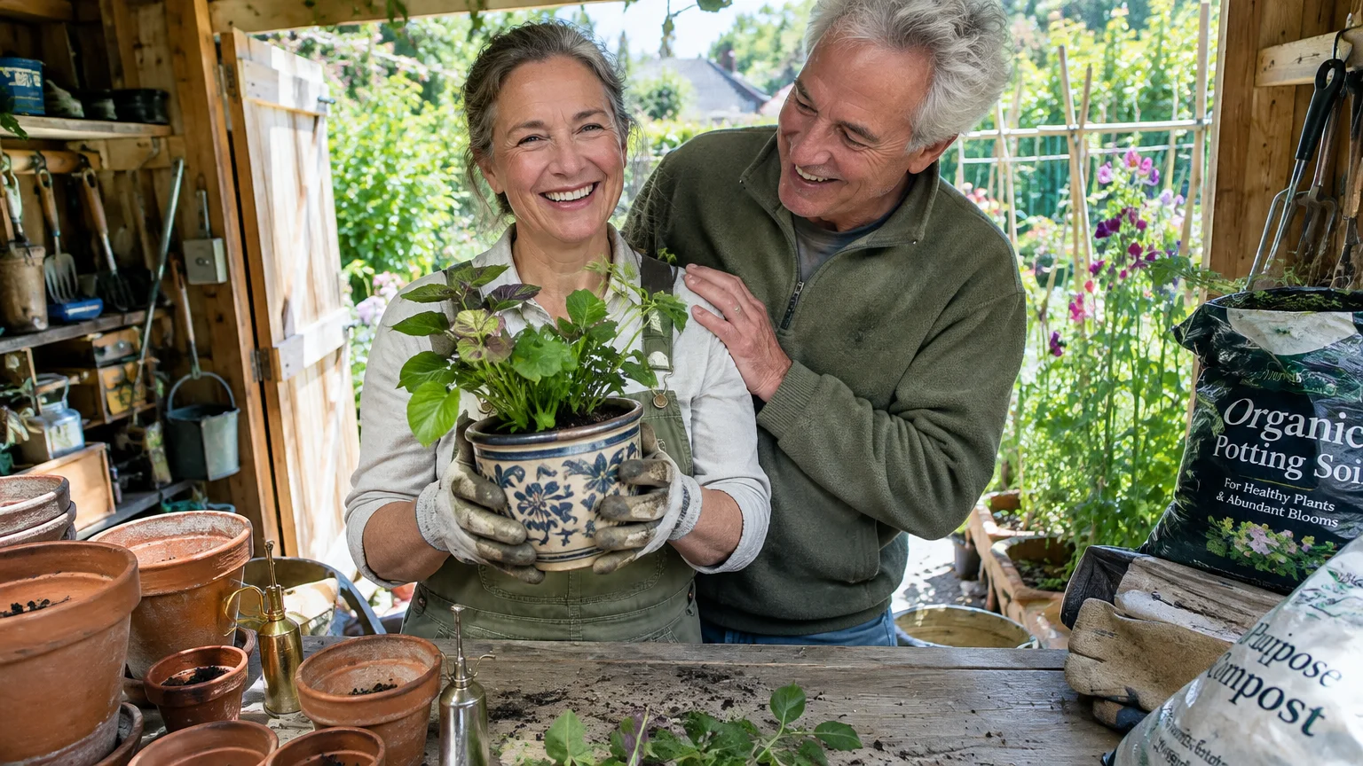 A smiling older couple in a garden shed looking at a potted plant held by the woman.