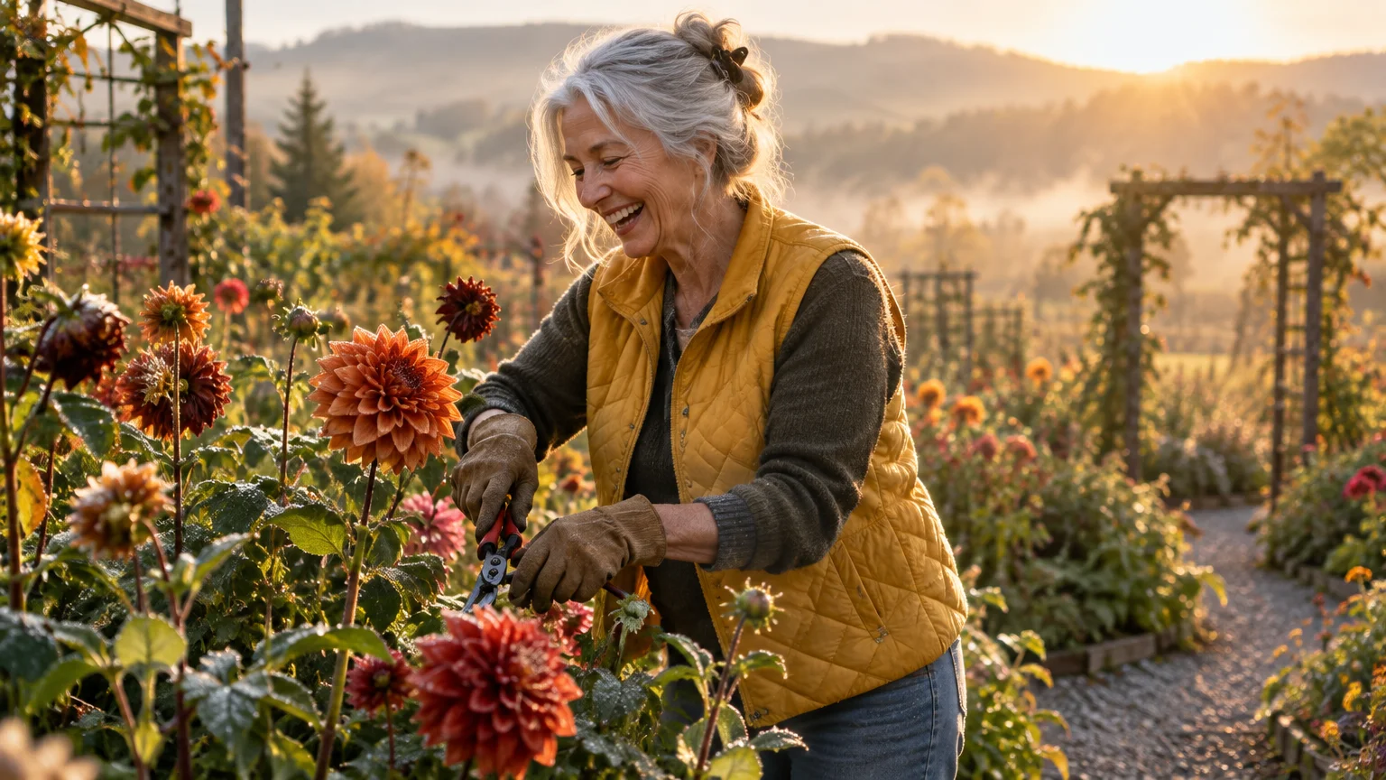 A smiling senior woman wearing a yellow vest prunes colorful dahlia flowers in a sunny garden.