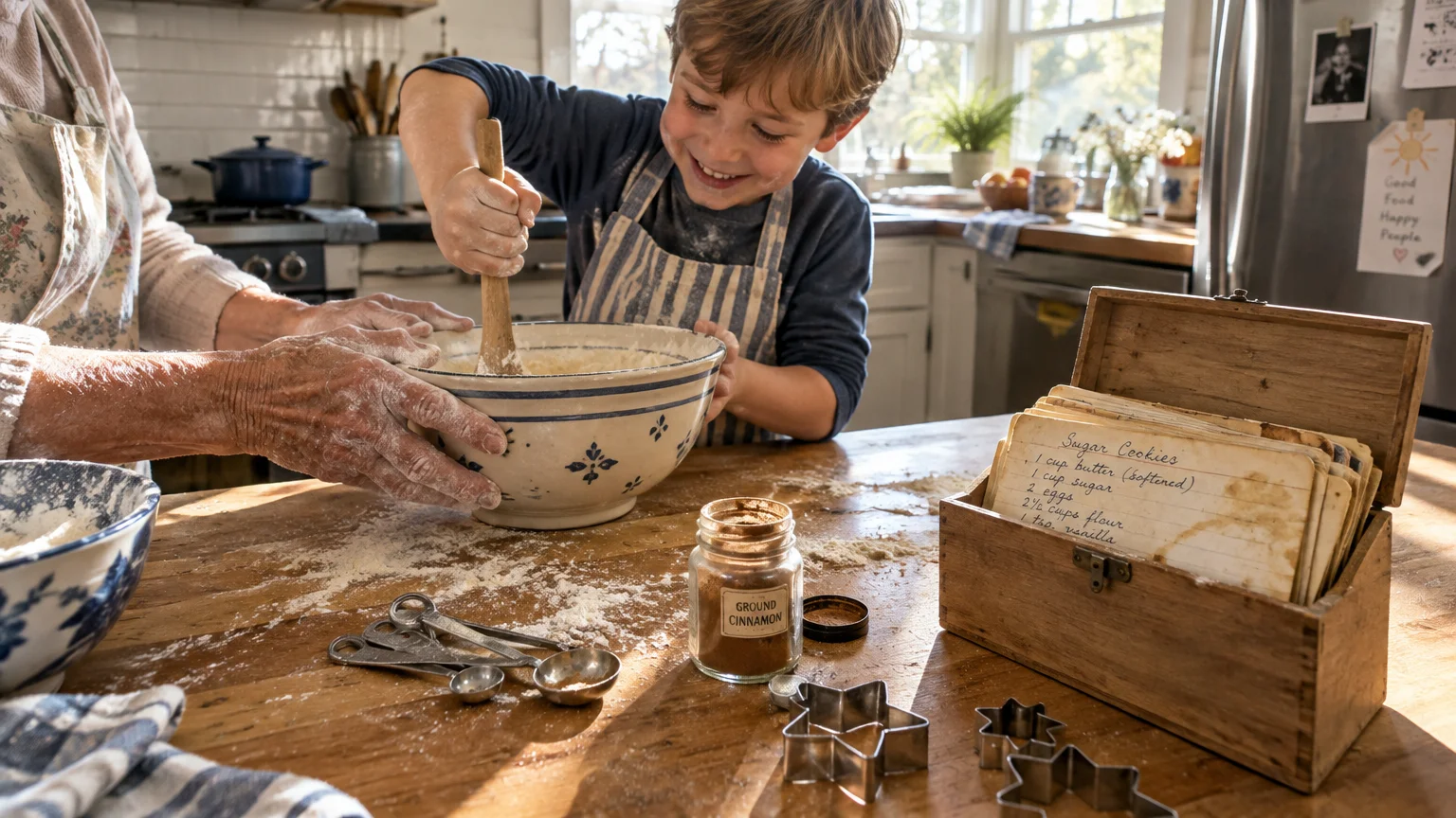 A boy mixes ingredients in a bowl with an adult beside a wooden recipe card box, cookie cutters, and spices on a table.