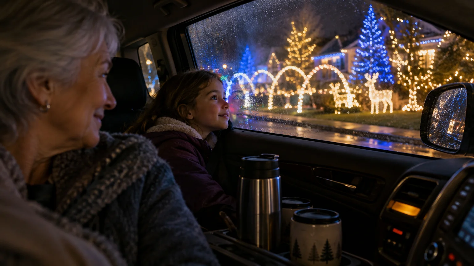 A grandmother and granddaughter look out a car window at illuminated holiday light displays decorating neighborhood houses.