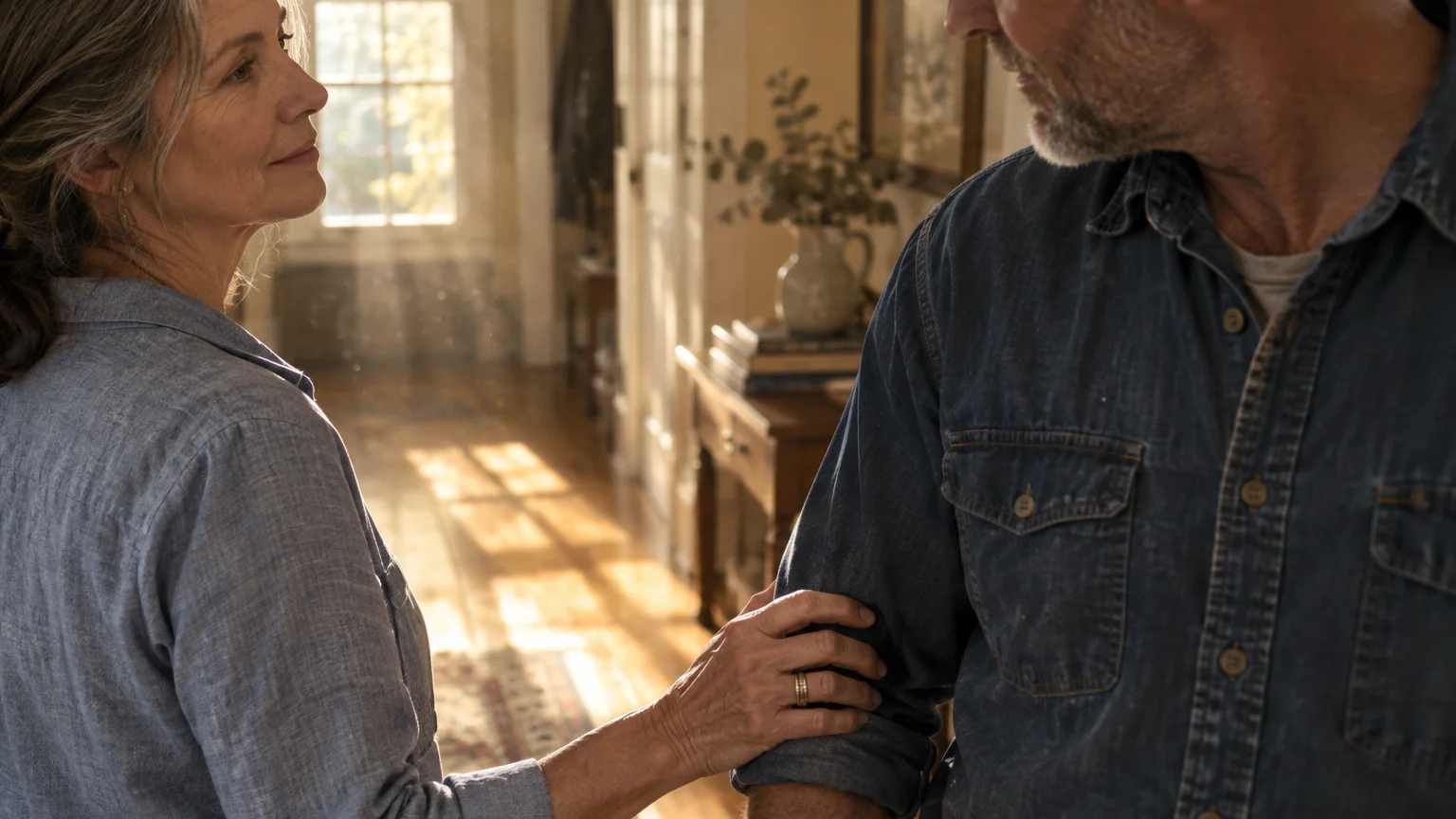 A mature woman in a sunlit hallway touches a man's arm while looking affectionately at him.