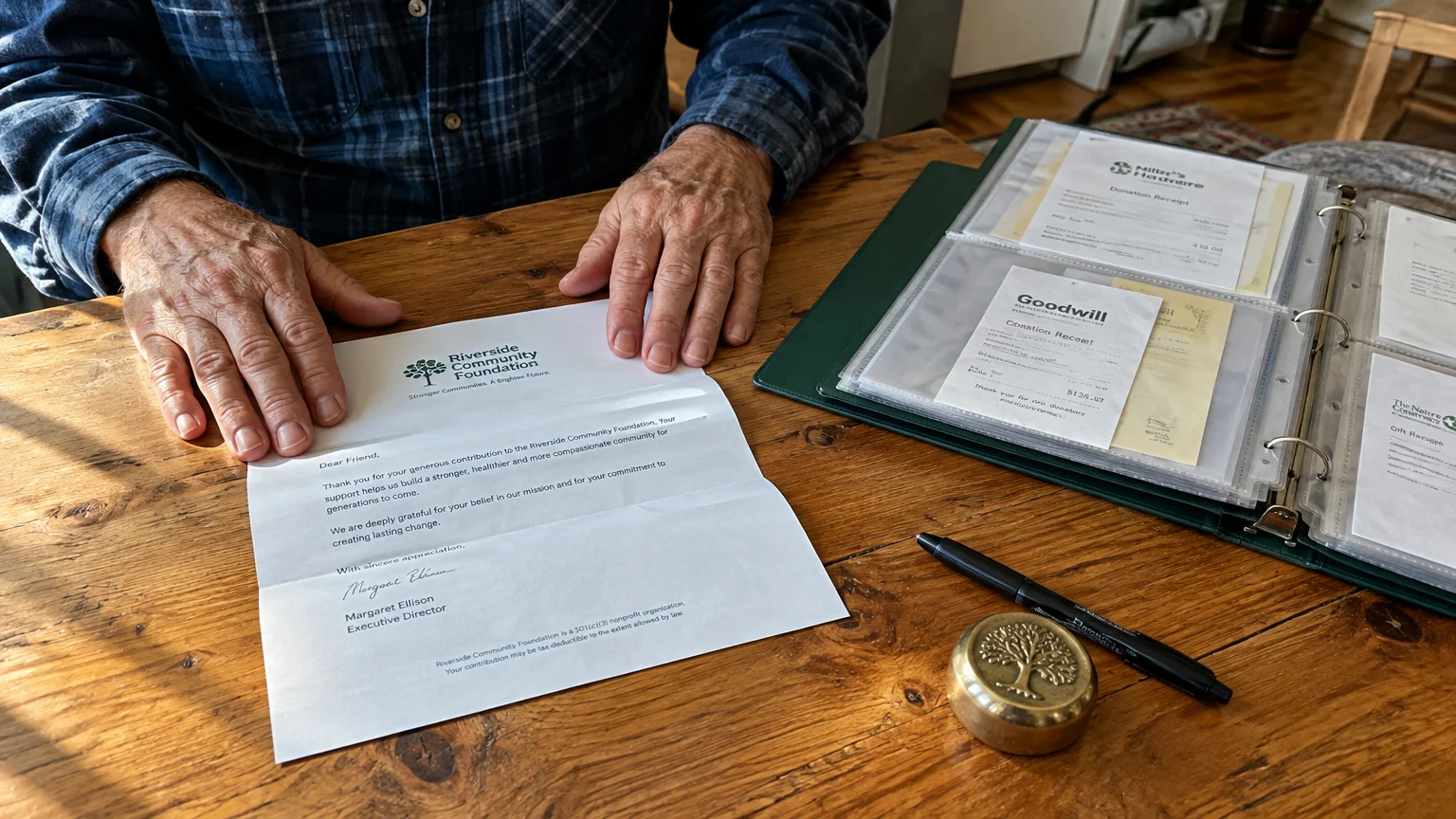 Person sitting at a wooden table reviewing a charitable donation letter next to a binder holding donation receipts.