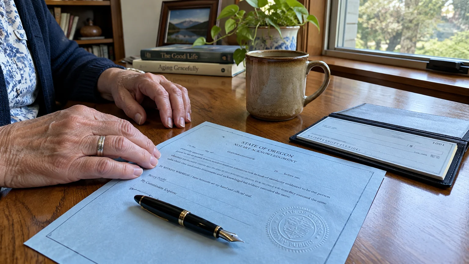 Senior's hands near an Oregon notary document with a fountain pen, mug, and open checkbook on a wooden desk.