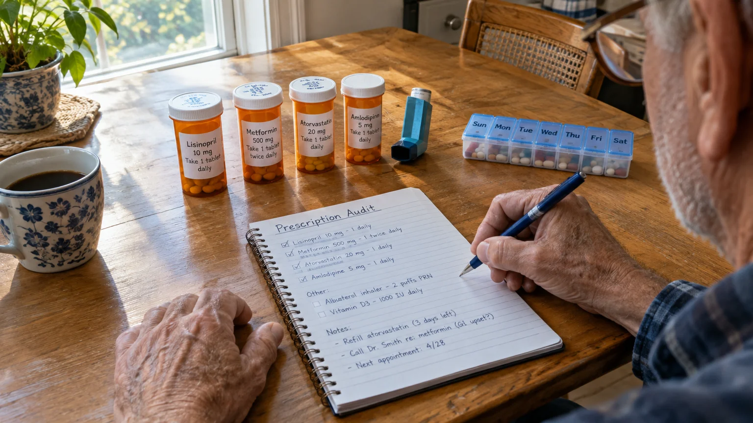 An older person writes in a notebook titled Prescription Audit beside medicine bottles, an inhaler, and a pill organizer.