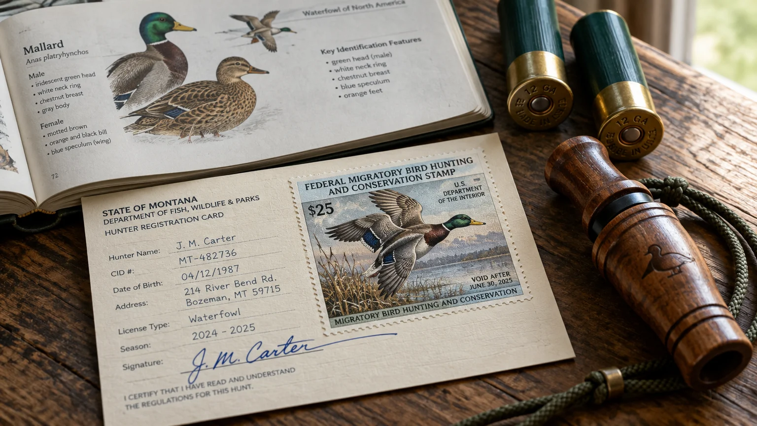 A Montana hunter registration card with a 25-dollar federal duck stamp, waterfowl field guide, shotgun shells, and duck call.