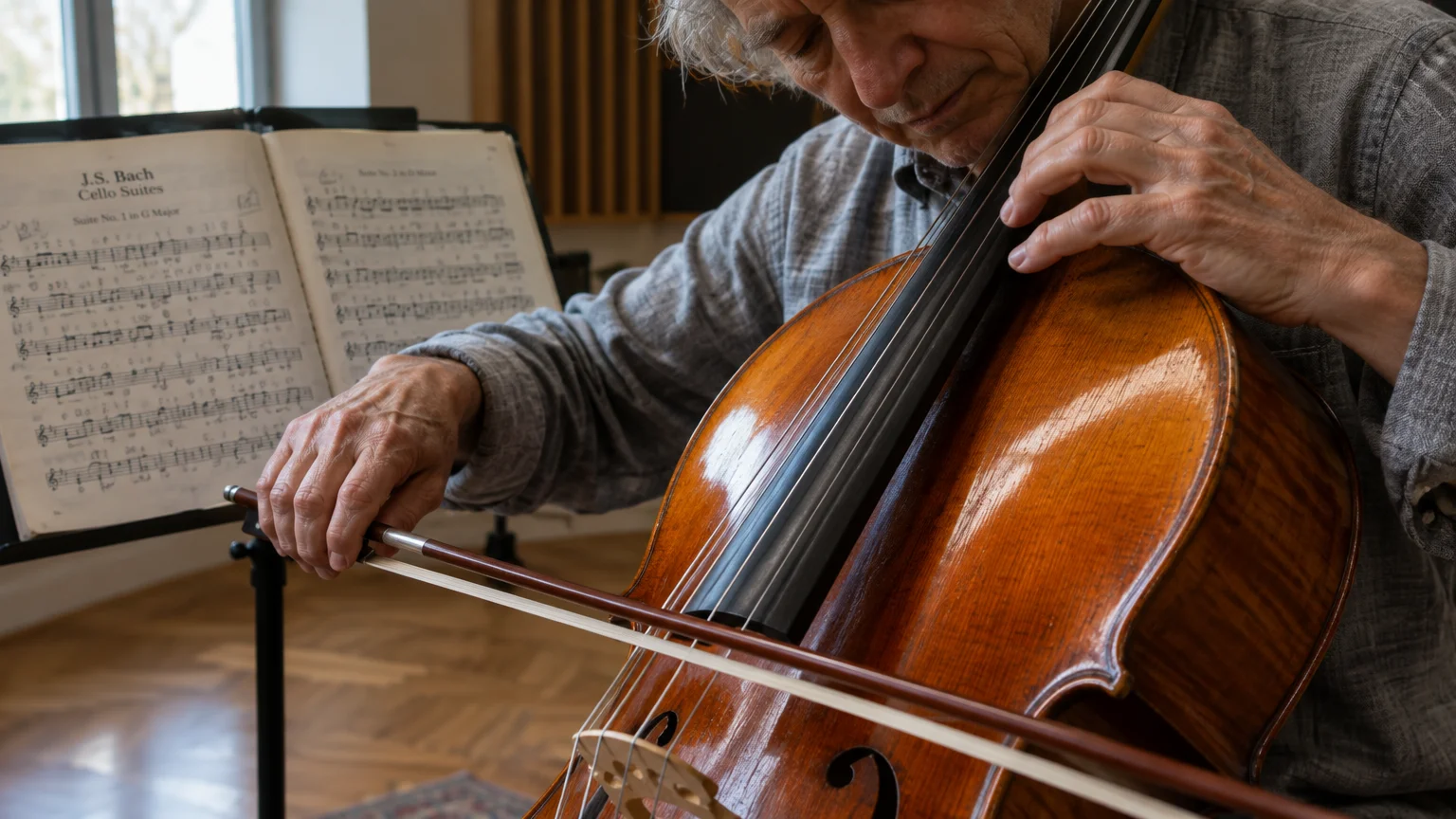 Close-up of an older man playing a cello with a bow beside an open music stand displaying Bach sheet music.