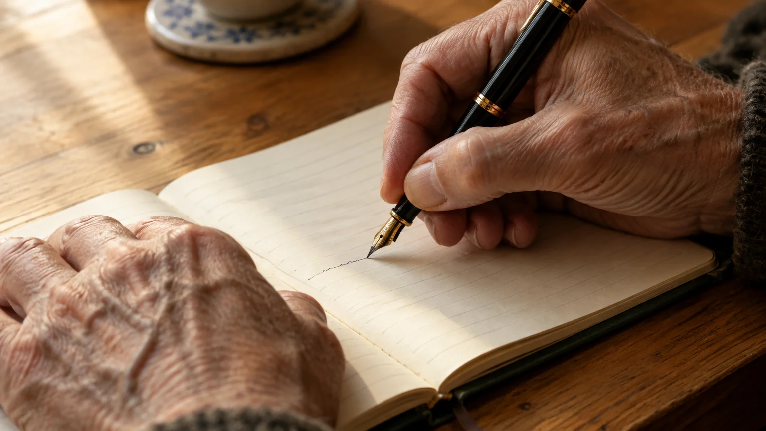 Close-up of an older person's hands holding a black fountain pen and drawing a shaky line in an open notebook.