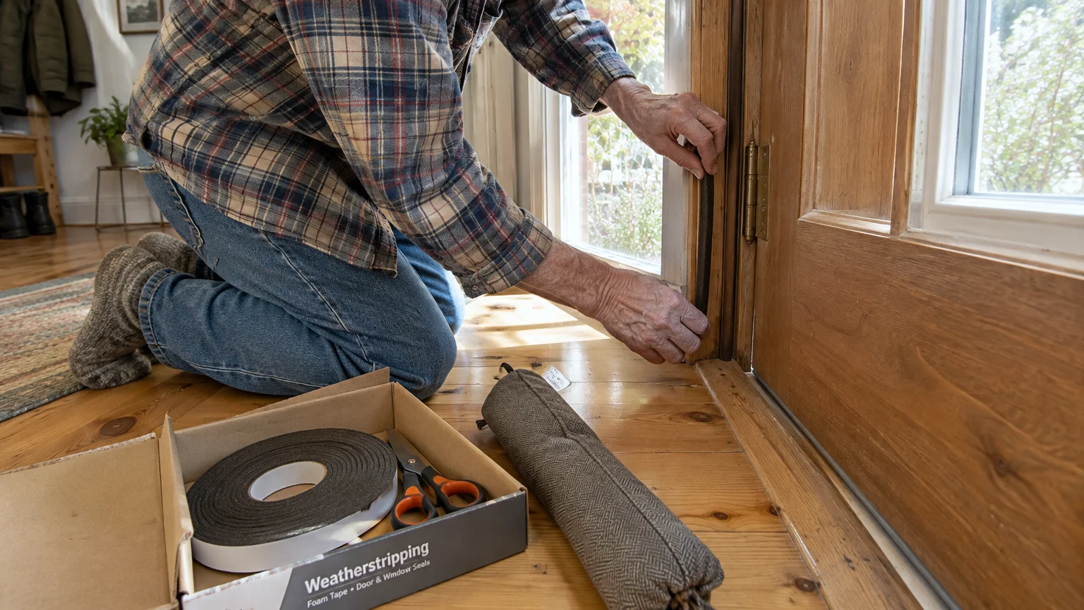 A person kneeling on a wood floor applies foam weatherstripping to a wooden door frame beside scissors and a draft stopper.