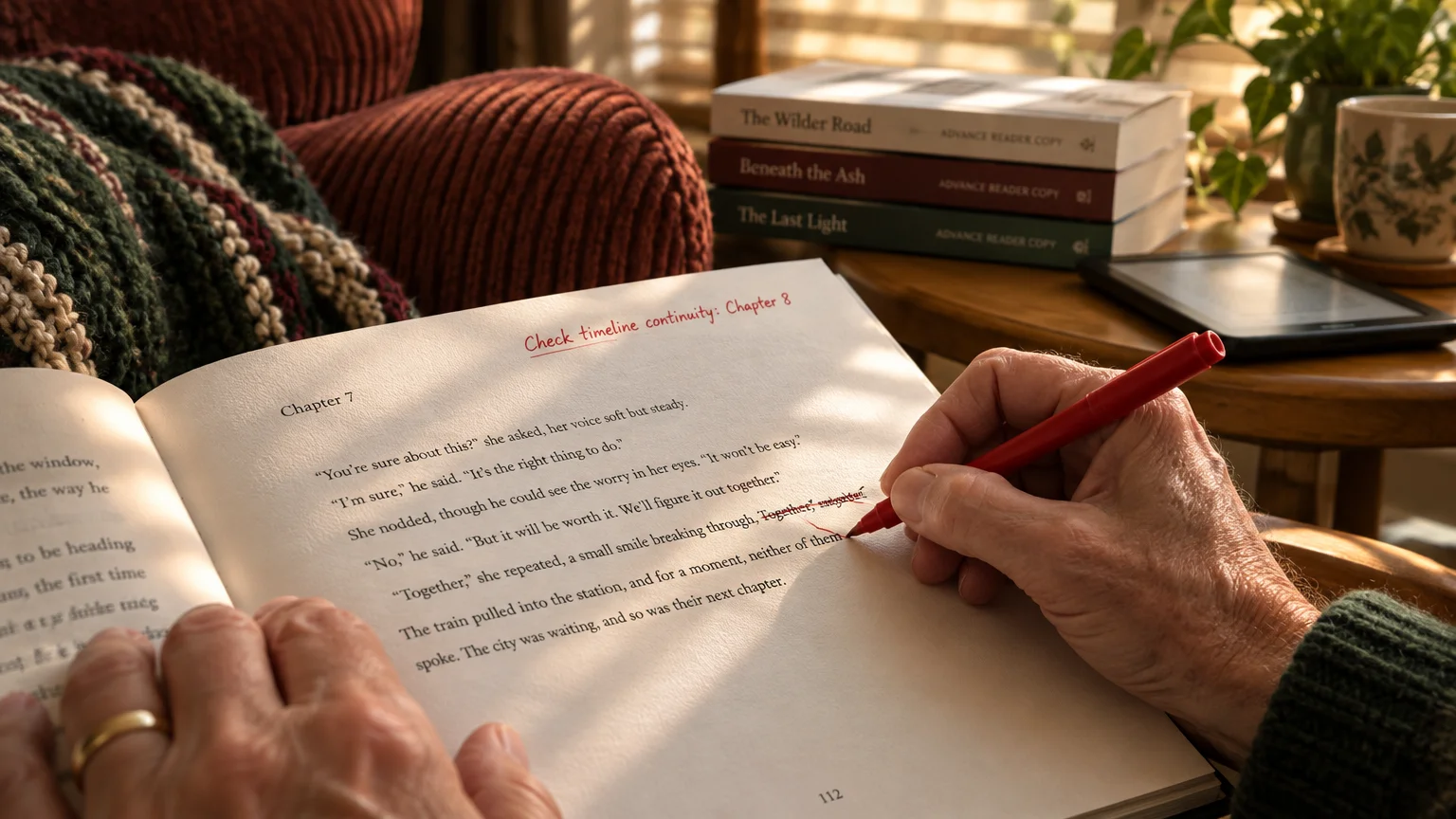 Hands mark corrections with a red pen in an open manuscript book beside stacked advance reader copies.