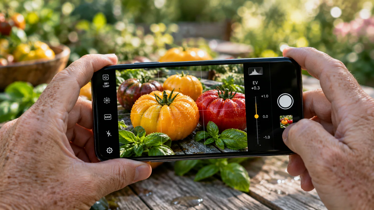 Hands holding a smartphone to photograph fresh heirloom tomatoes and basil leaves on a rustic wooden table outdoors.