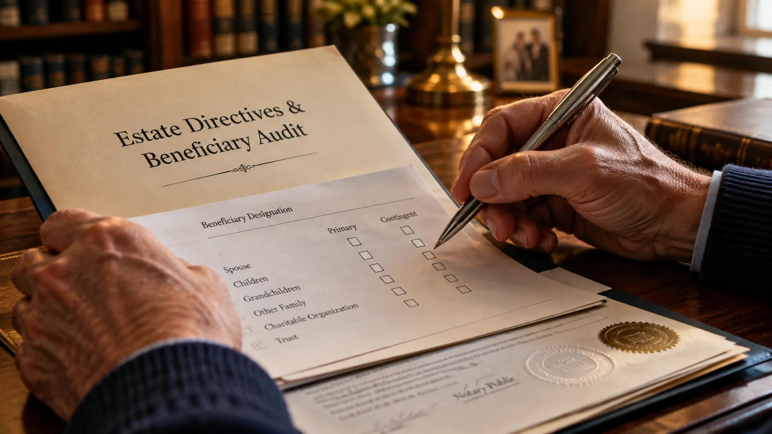 Hands holding a pen over a beneficiary designation form titled Estate Directives and Beneficiary Audit on a wooden desk.