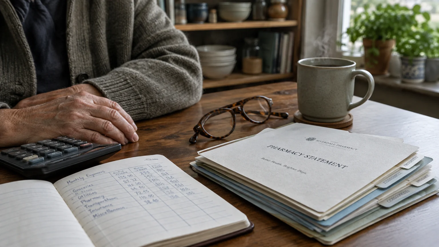 Person sitting at a table with an expense ledger, calculator, eyeglasses, pharmacy statement, and steaming mug.