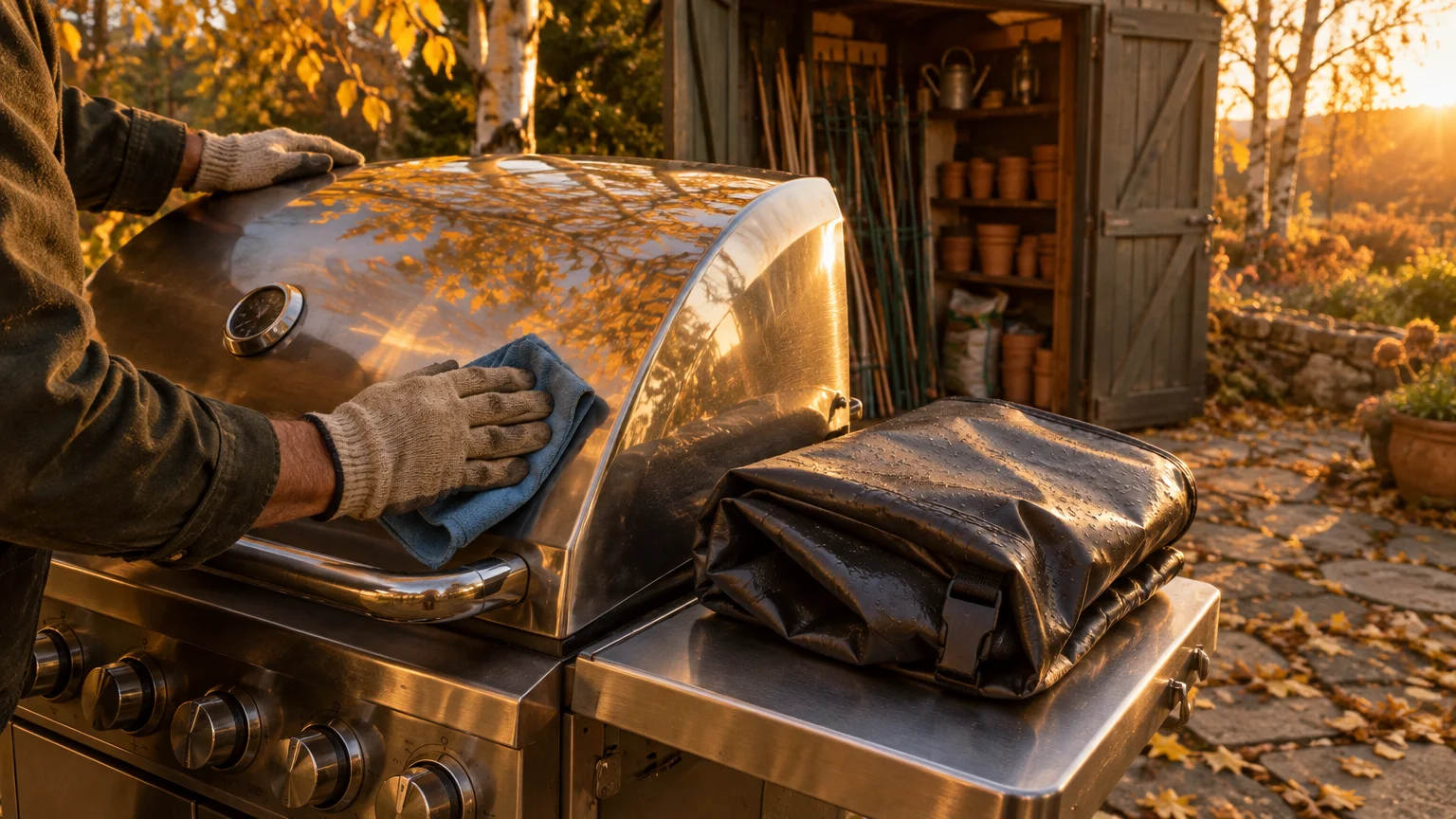 A person in work gloves wipes down a stainless steel grill with a blue cloth beside a folded black cover in autumn.