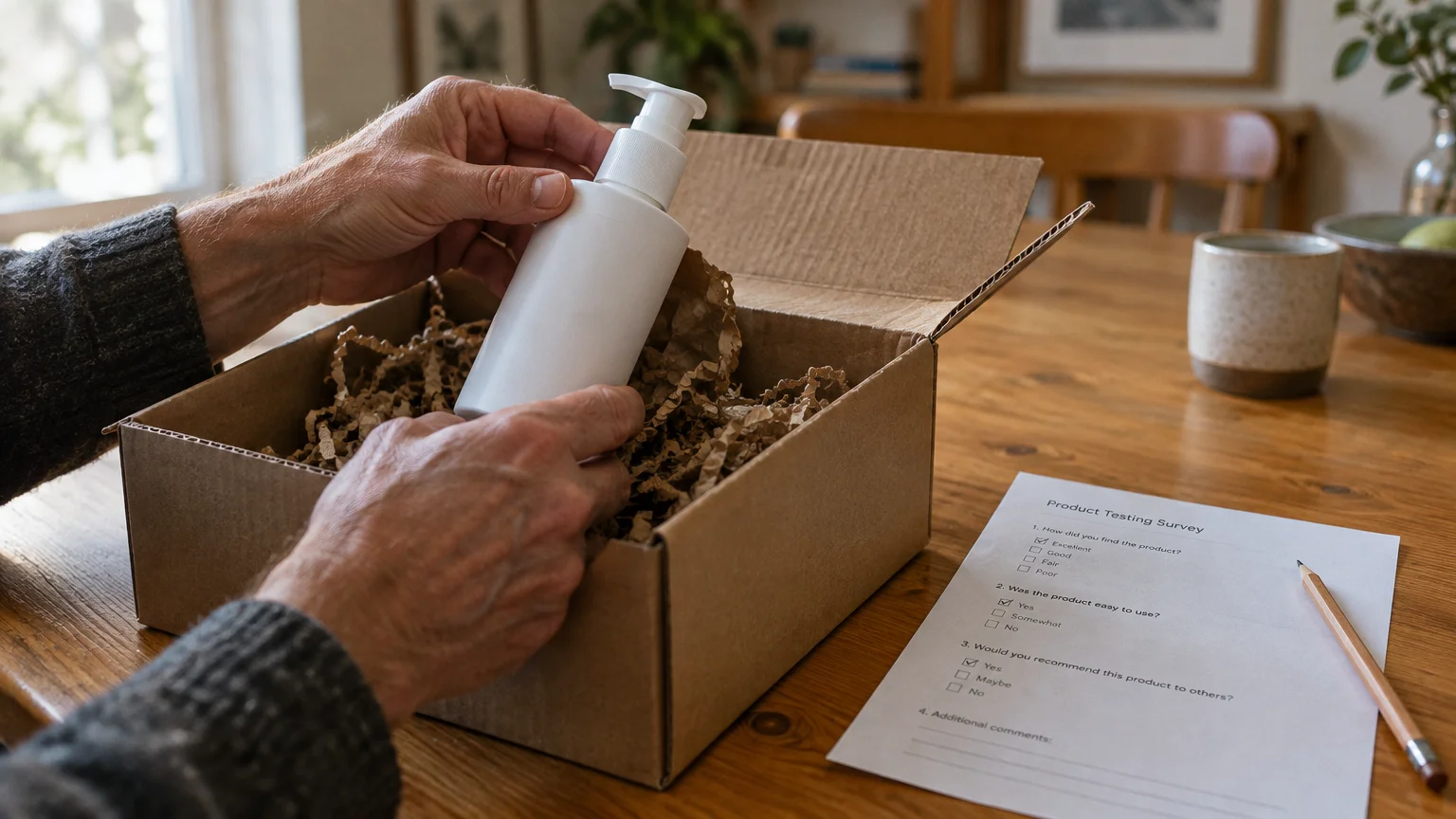Hands holding a white pump bottle out of a cardboard shipping box beside a paper product testing survey.