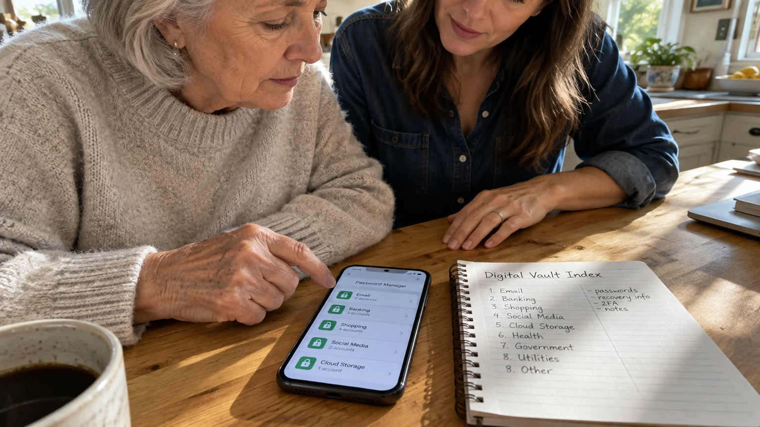 A senior woman and younger woman review a phone with a password manager beside a handwritten digital vault index notebook.