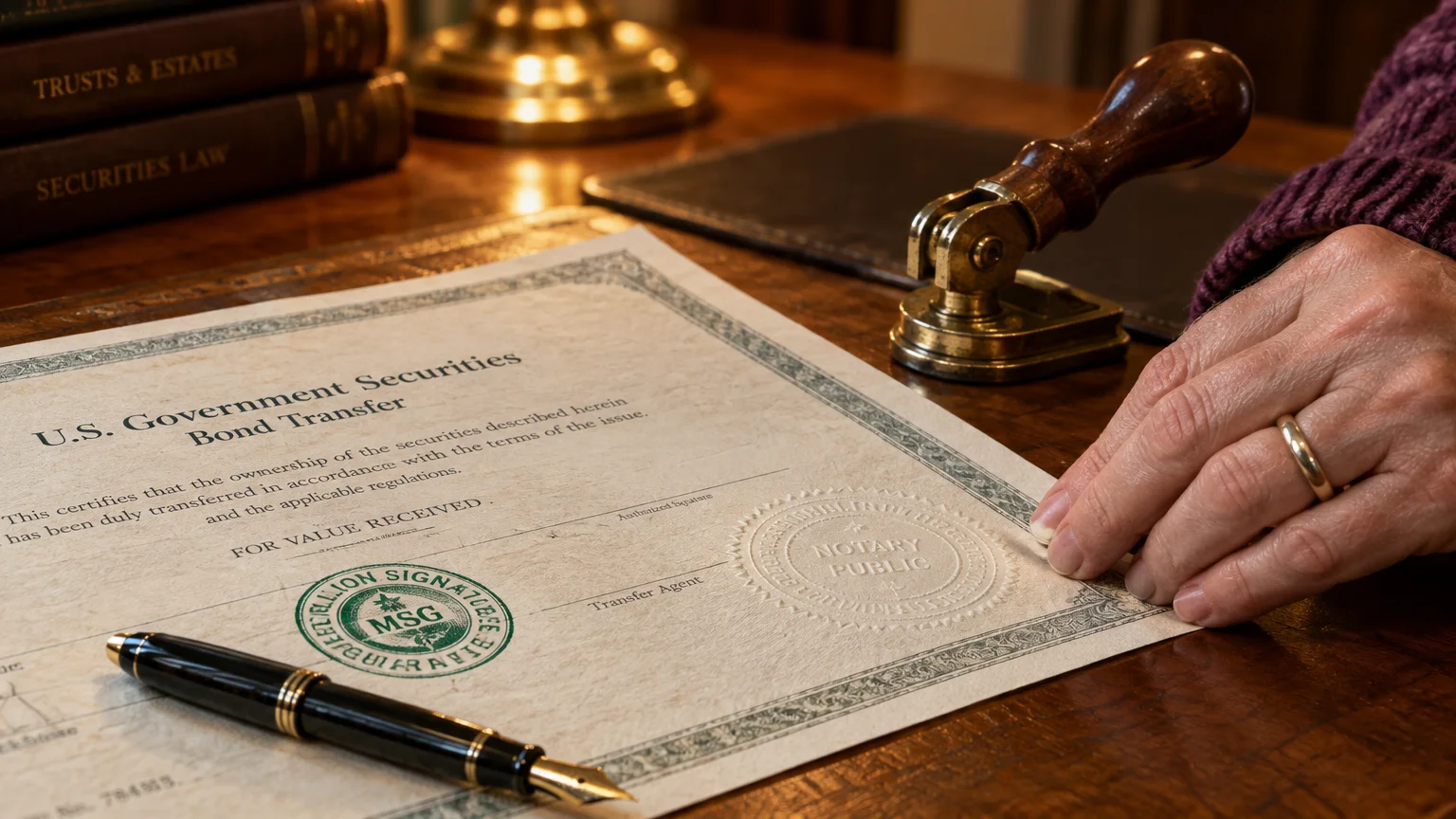 A hand holding a bond transfer certificate stamped with a Medallion Signature Guarantee and an embossed notary public seal.