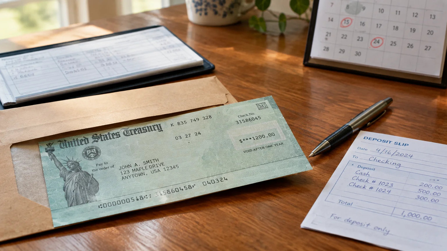 A U.S. Treasury check sits on a manila envelope next to a bank deposit slip, pen, ledger, and desk calendar.