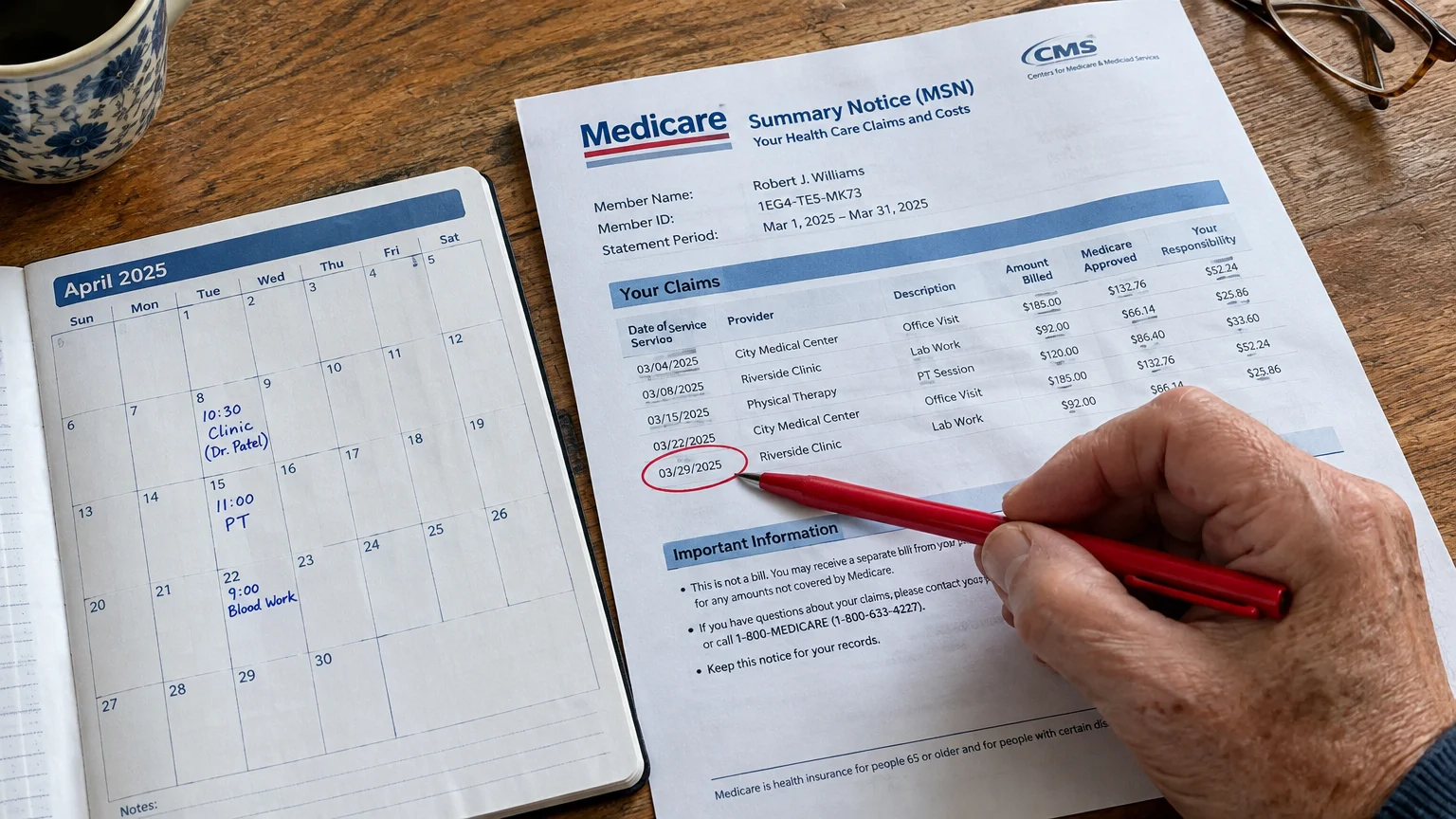 A person using a red pen to compare dates on a Medicare Summary Notice against an open monthly planner.