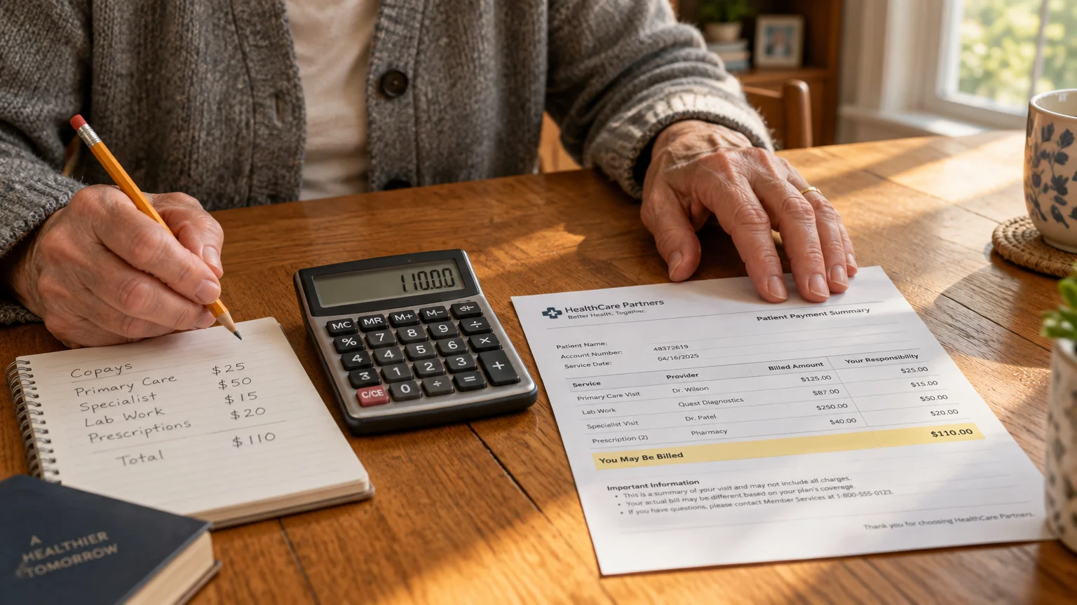 Person writing notes beside a calculator and a medical payment summary on a wooden table.