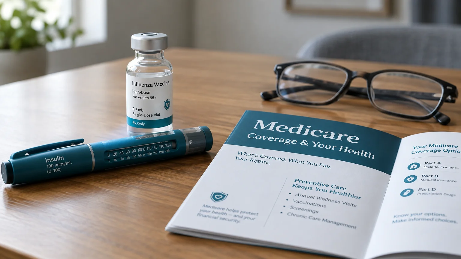 An insulin pen, influenza vaccine vial, eyeglasses, and an open Medicare coverage booklet on a wooden table.