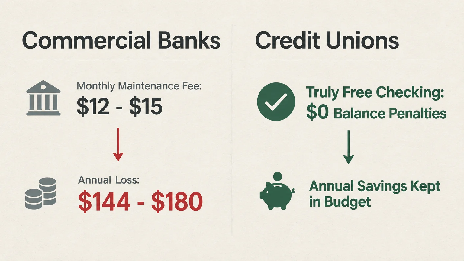 Diagram comparing commercial bank fees causing an annual loss of $144 to $180 with fee-free credit union checking.