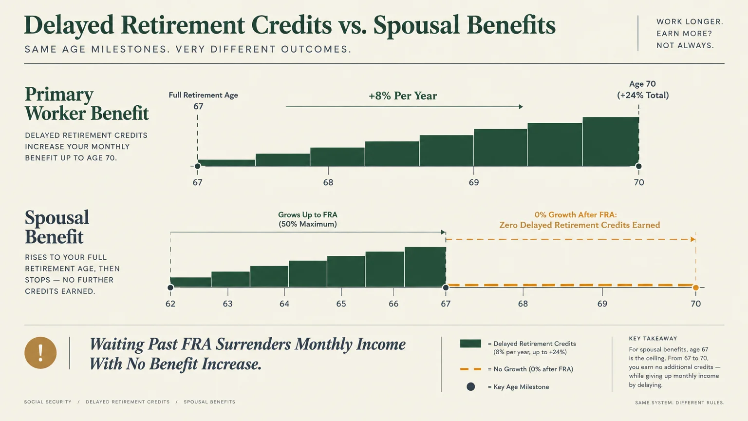 Chart comparing primary worker benefit growth up to age 70 against spousal benefit leveling off at age 67.