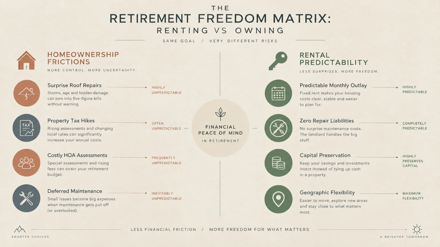 Diagram titled The Retirement Freedom Matrix comparing homeownership frictions against rental predictability factors.