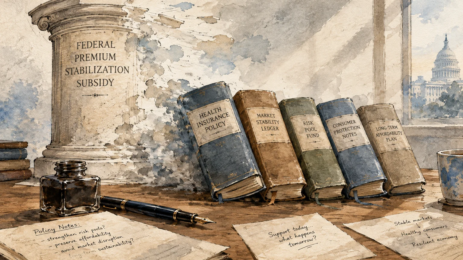 Watercolor illustration of a crumbling pillar beside policy books, legal papers, and an ink pen on a desk near a window.
