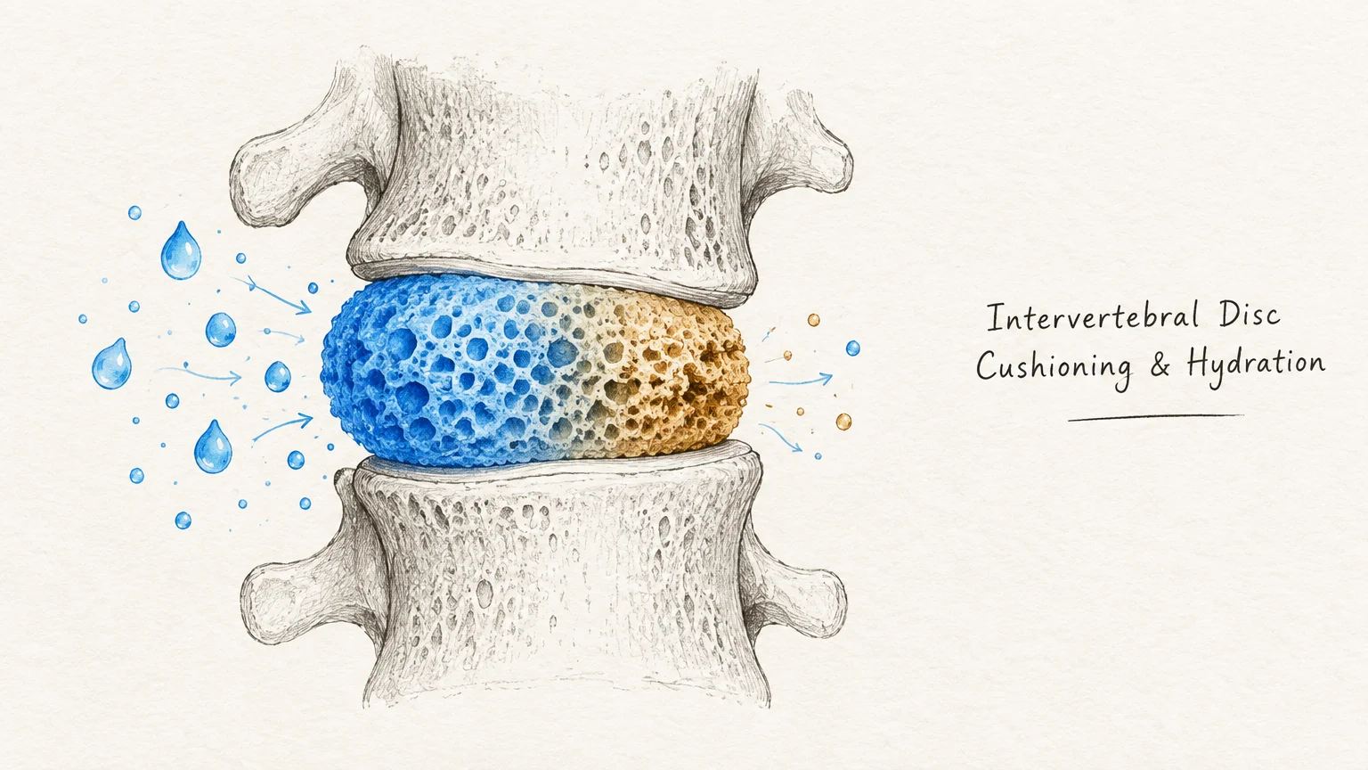 Illustration of two vertebrae with an intervertebral disc shown as a porous sponge absorbing and expelling water droplets.