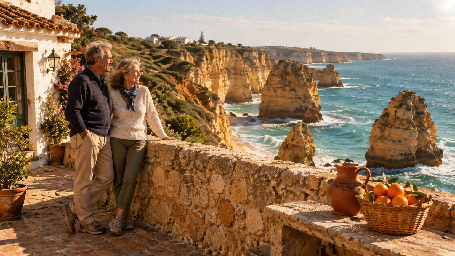 An older couple stands on a stone terrace overlooking ocean cliffs and sea stacks, beside a basket of oranges.
