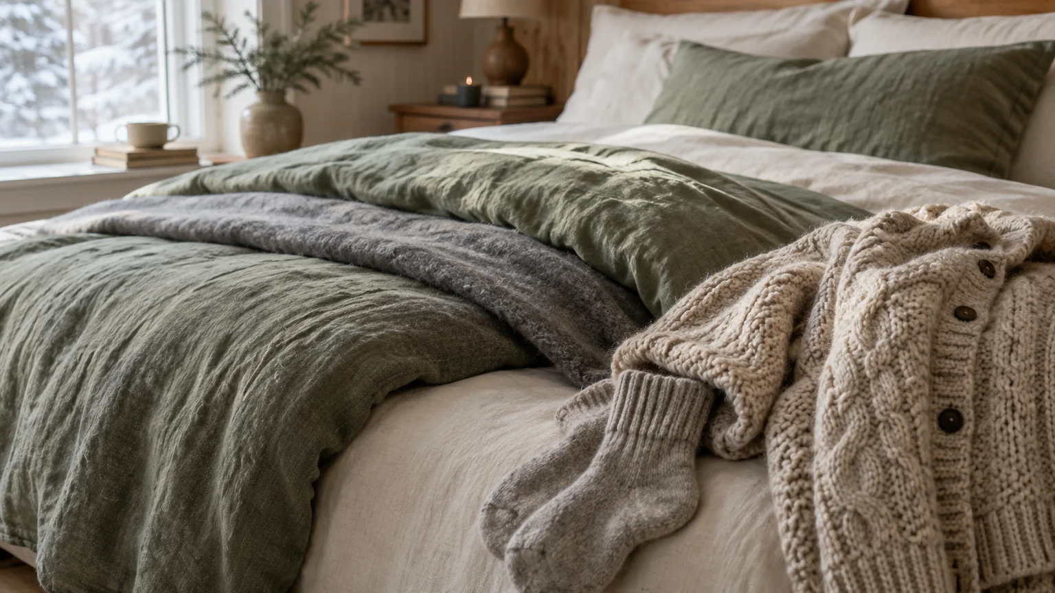 Cozy bed layered with green duvets, wool blankets, a chunky knit cardigan, and warm socks beside a snowy window.