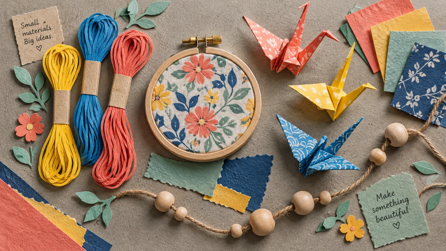 Overhead view of an embroidery hoop, skeins of colorful cord, folded origami paper cranes, and wooden beads on twine.