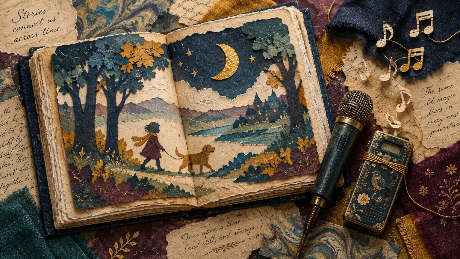 Open storybook with paper-cut illustration beside a vintage microphone, decorative handheld recorder, and musical notes.