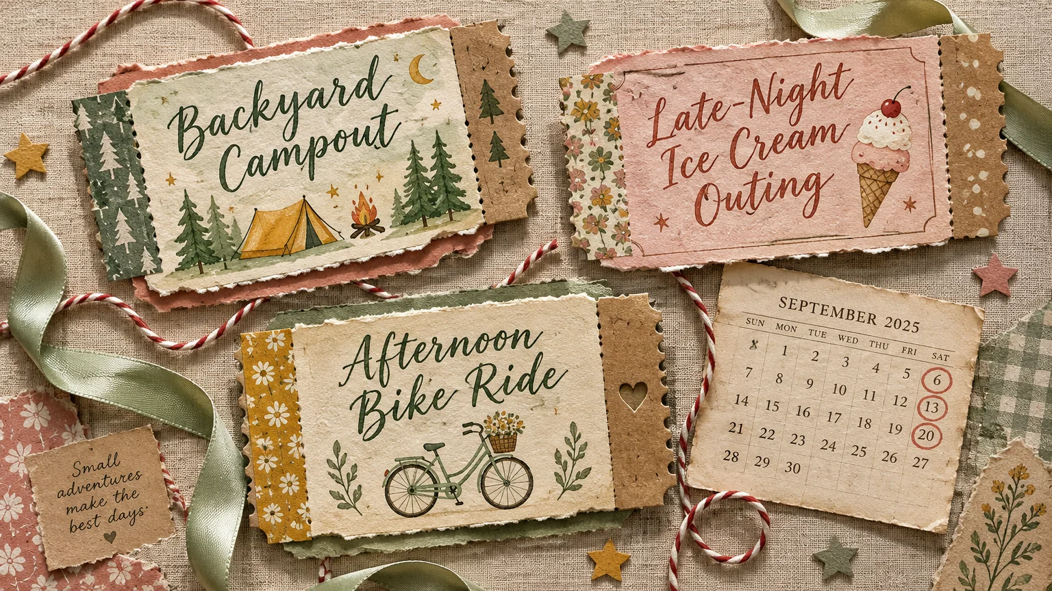 Handmade coupon tickets for a campout, ice cream outing, and bike ride alongside a September 2025 calendar and ribbons.