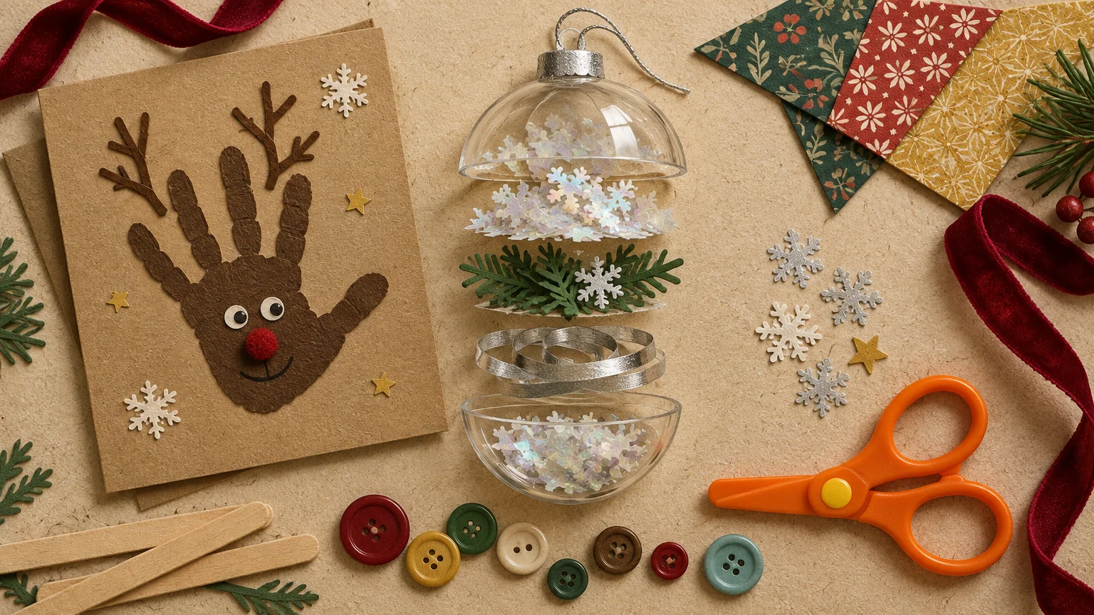 Papercraft reindeer card, split clear ornament filled with confetti and greenery, orange scissors, and colorful buttons.