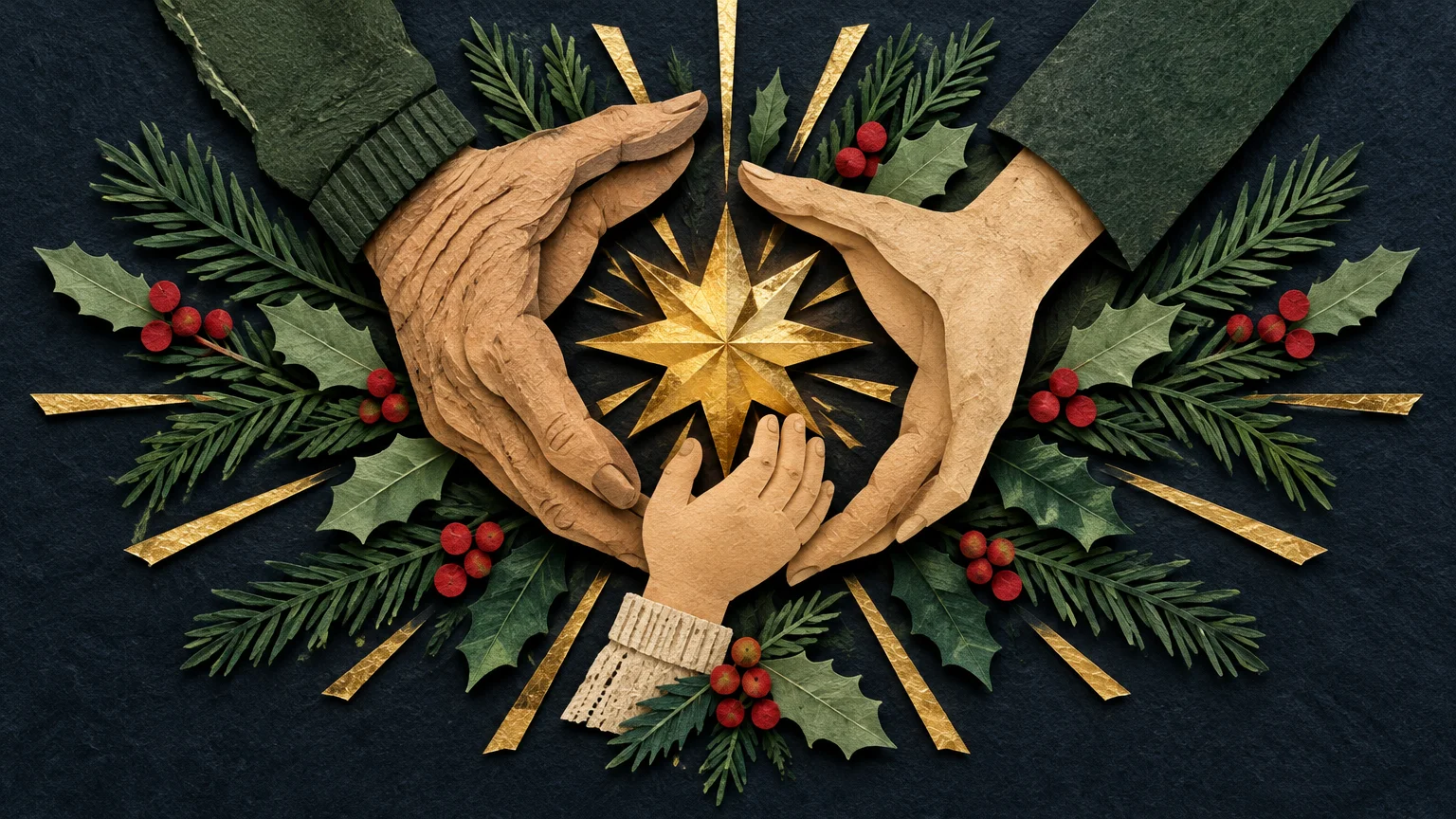 Two adult hands and a child's hand reach toward a gold star, encircled by cut-paper pine needles and holly berries.
