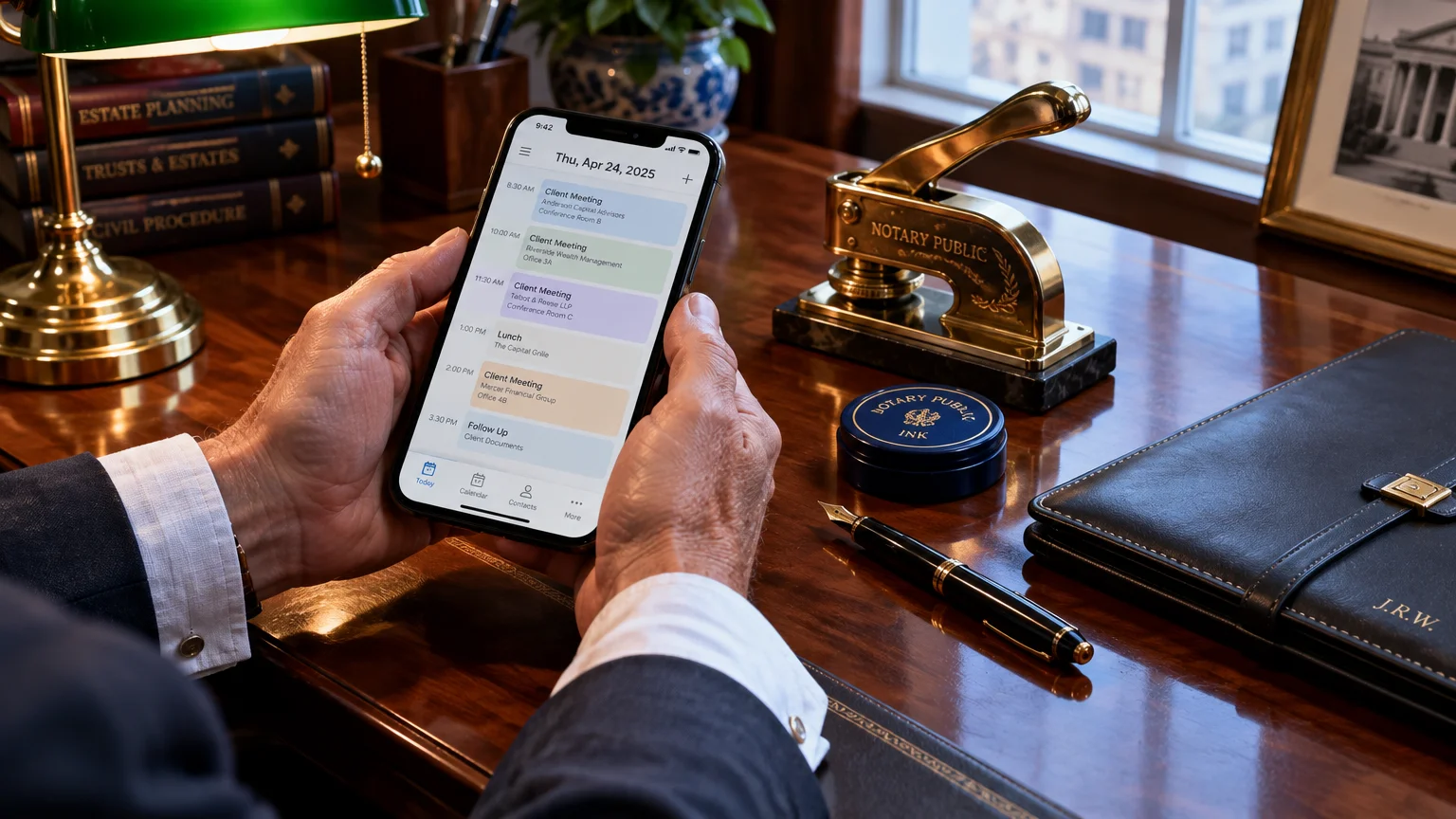 Person holding a phone displaying a daily schedule app beside a brass notary public embosser on a wooden desk.