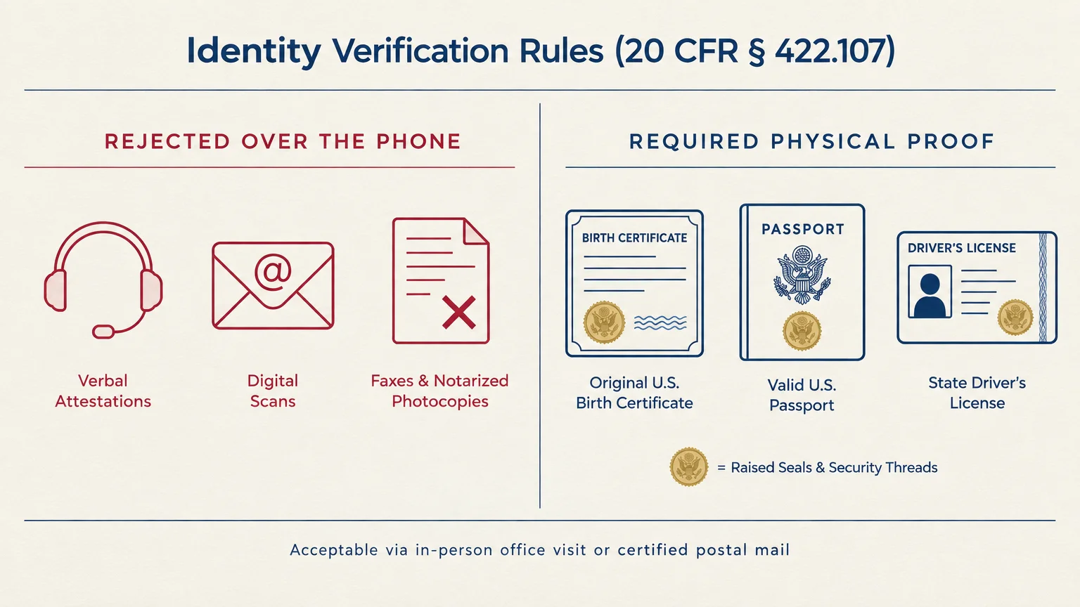 Diagram listing proofs rejected over the phone alongside required physical documents like passports and birth certificates.