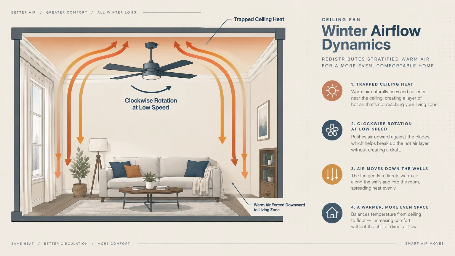 Diagram of a living room showing a ceiling fan rotating clockwise, pushing warm air up and down the walls.