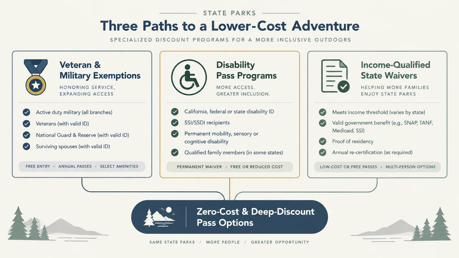 Infographic showing three discount paths for state parks: veteran exemptions, disability programs, and income waivers.