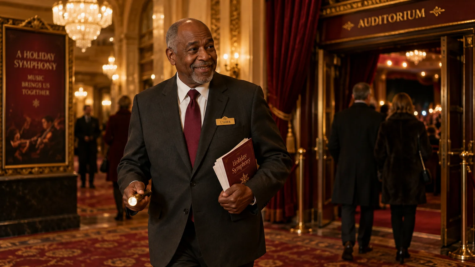 Senior male usher in a suit holding programs and a flashlight outside an auditorium entrance.