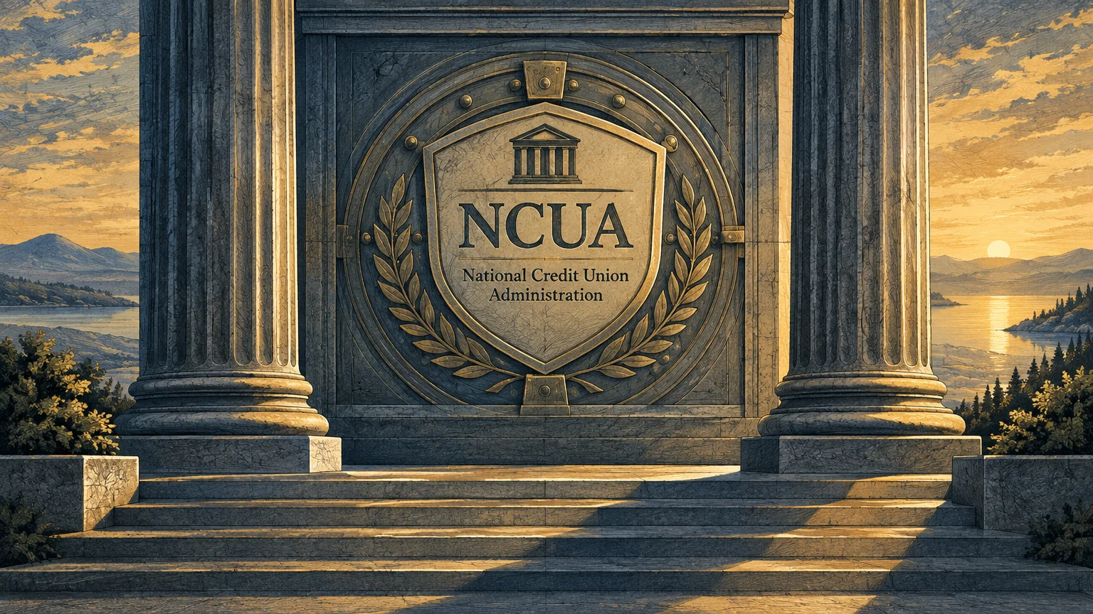 Illustration of a stone vault emblem reading NCUA flanked by classical columns against a sunrise lake landscape.