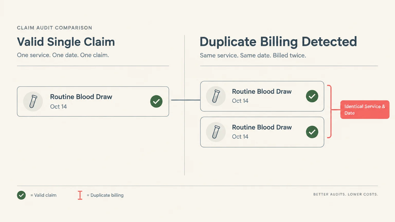 Diagram comparing a valid single claim against duplicate billing showing two identical routine blood draws on October 14.