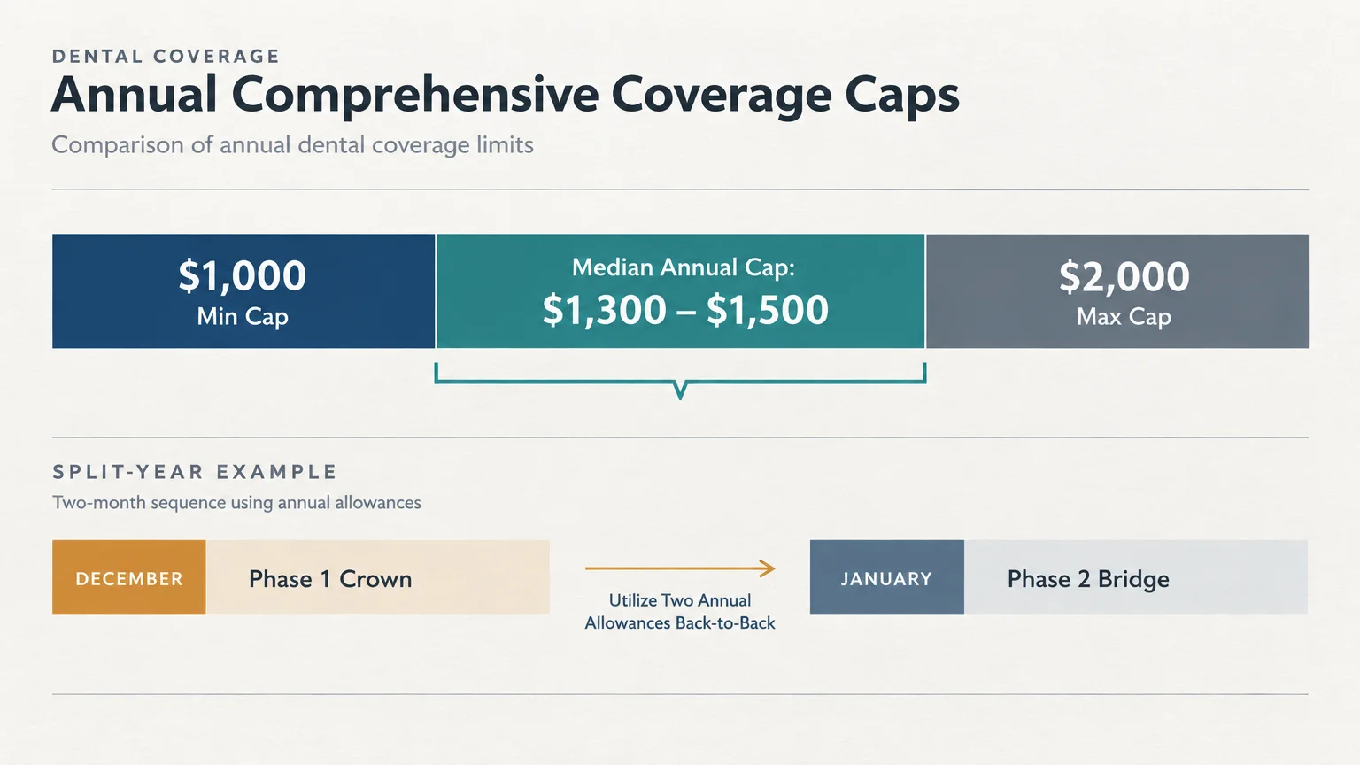 Diagram showing annual dental coverage caps from $1,000 to $2,000 and a split-year example across December and January.